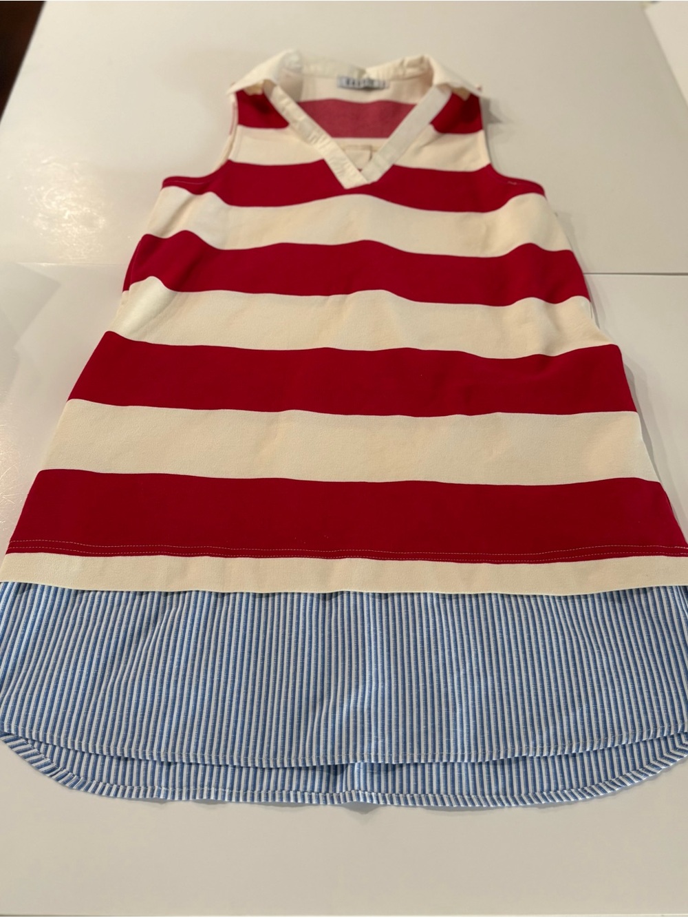 Women’s Red & Cream Striped V-Neck sleeveless dress with Blue Hem size large